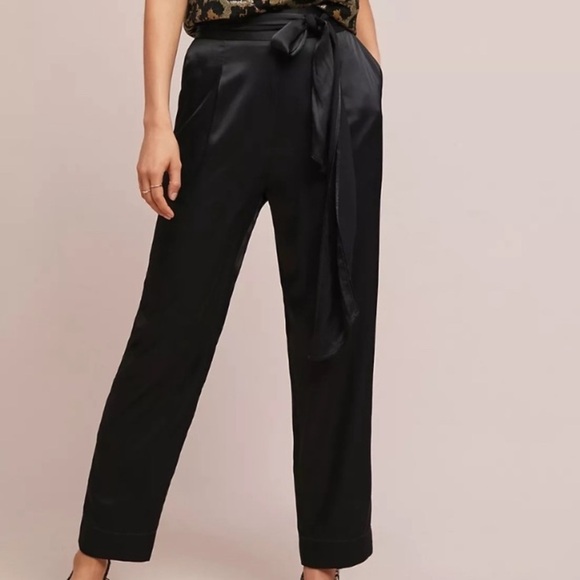 Ett:Twa from Anthropologie Black Satin Trousers with Tie-Belt - Picture 7 of 7